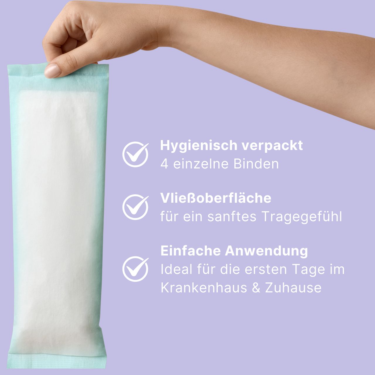 Koelverband in hand. Tekst: Hygiënisch verpakt. Vliesoppervlak. Eenvoudig aan te brengen. Lichtblauwe verpakking.