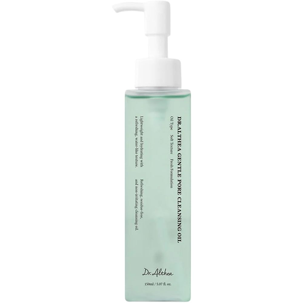 Fles Dr. Althea Gentle Pore Vegan Cleansing Oil met pompdispenser, lichtgroene vloeistof.