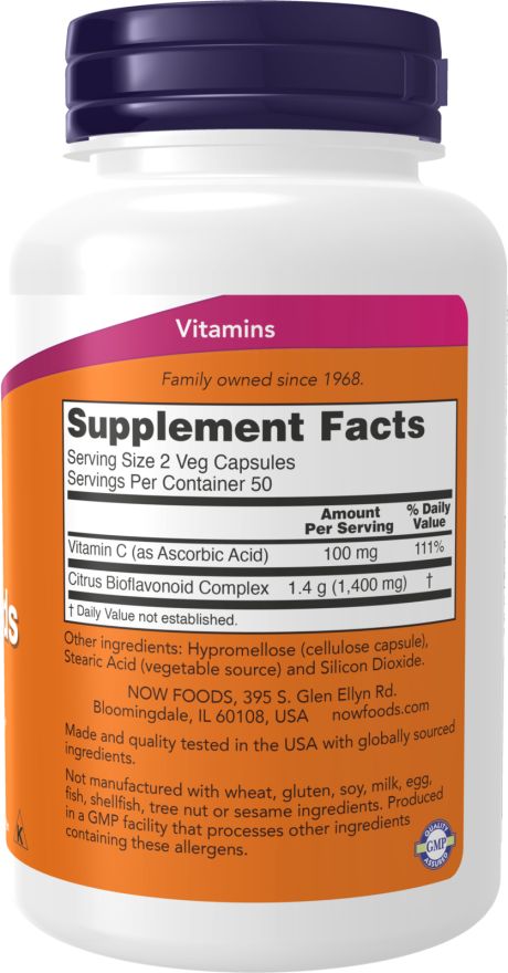 Dos du flacon. Étiquette orange avec informations nutritionnelles. Contient vitamine C et complexe de bioflavonoïdes d'agrumes. NOW FOODS.