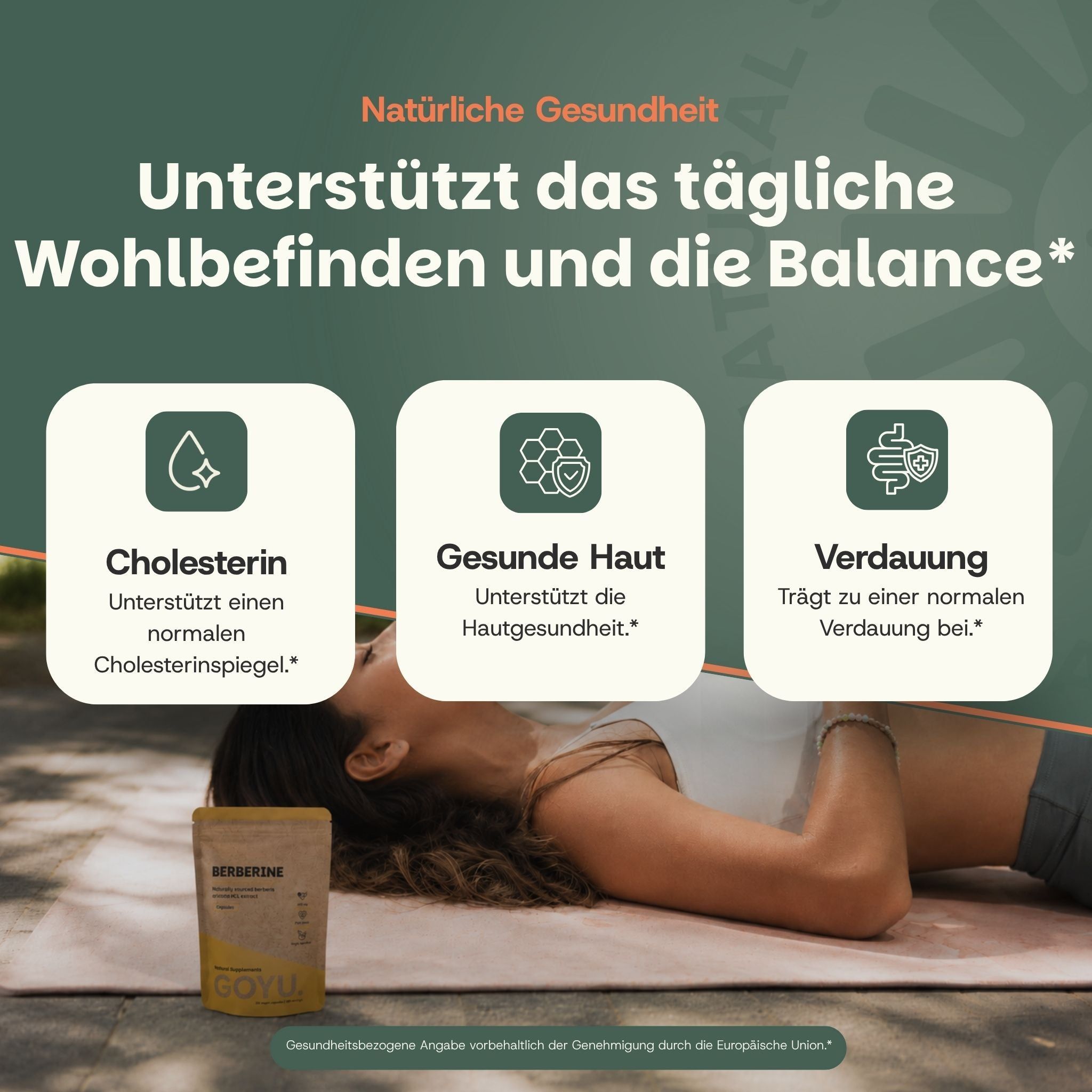 Een container met het etiket 'HERBERINE GOVIA' staat naast een liggend persoon. Drie iconen beschrijven voordelen voor cholesterol, gezonde huid en spijsvertering.