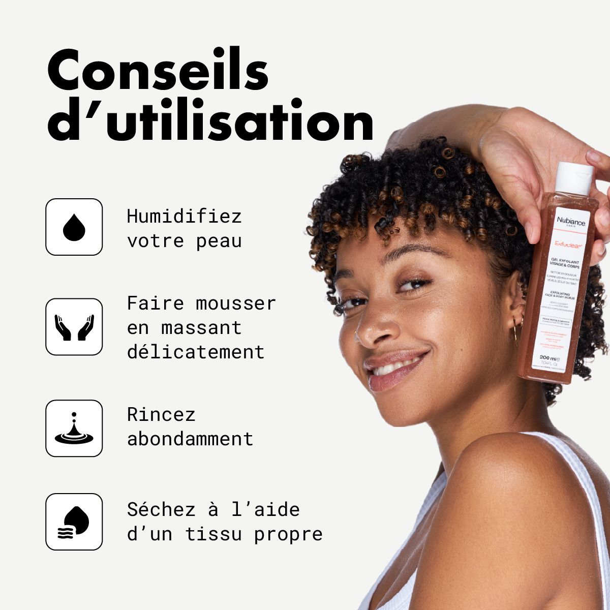 Gebruiksaanwijzing: bevochtig de huid, masseer, spoel af, droog af. Productfles.