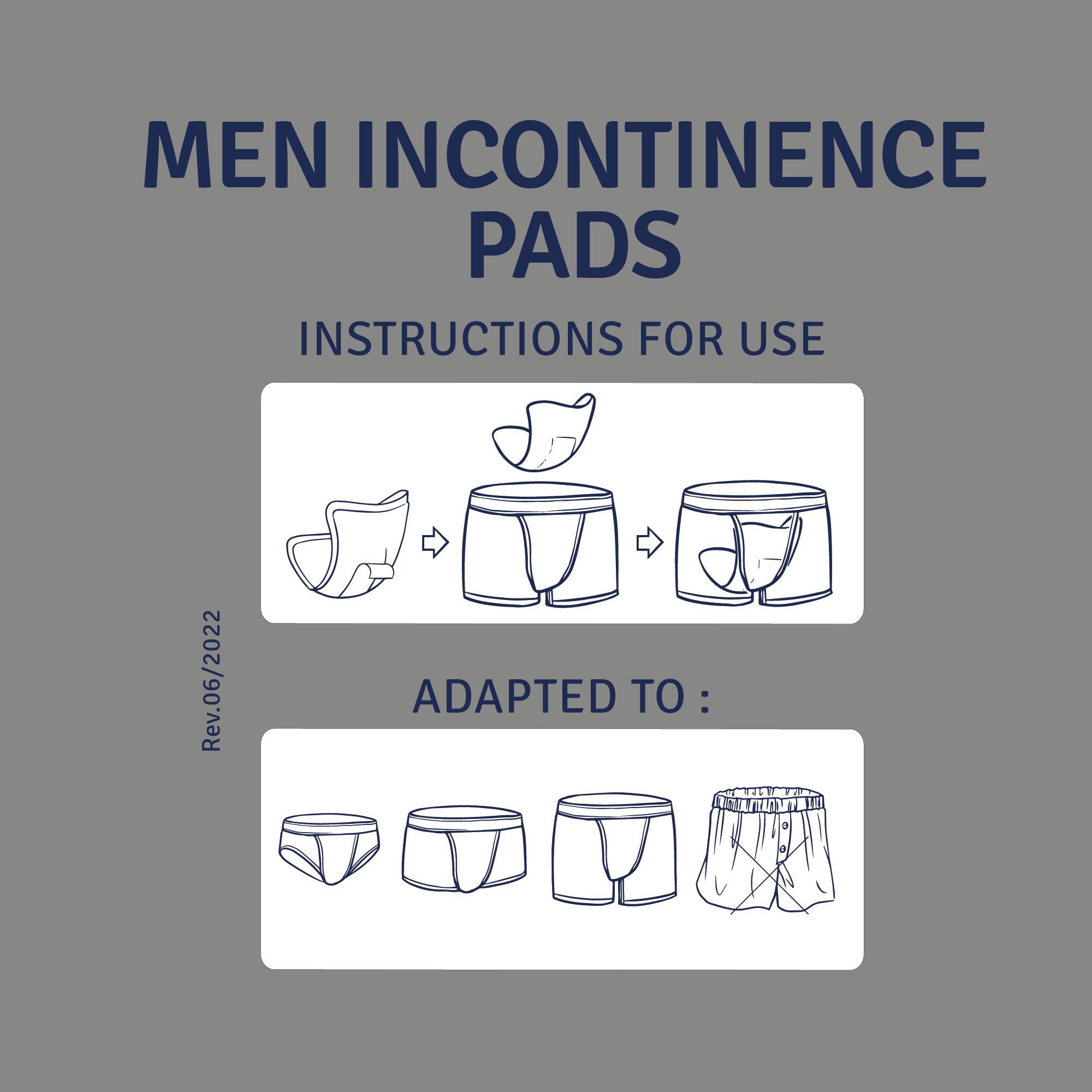 Instructies voor het gebruik van incontinentie-inleggers voor mannen. Illustraties tonen de toepassing in verschillende soorten ondergoed.