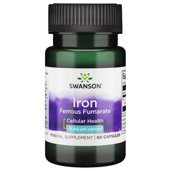 Flacon vert avec bouchon noir. Étiquette avec SWANSON, Iron Ferrous Fumarate, 18 mg par capsule. 60 capsules.