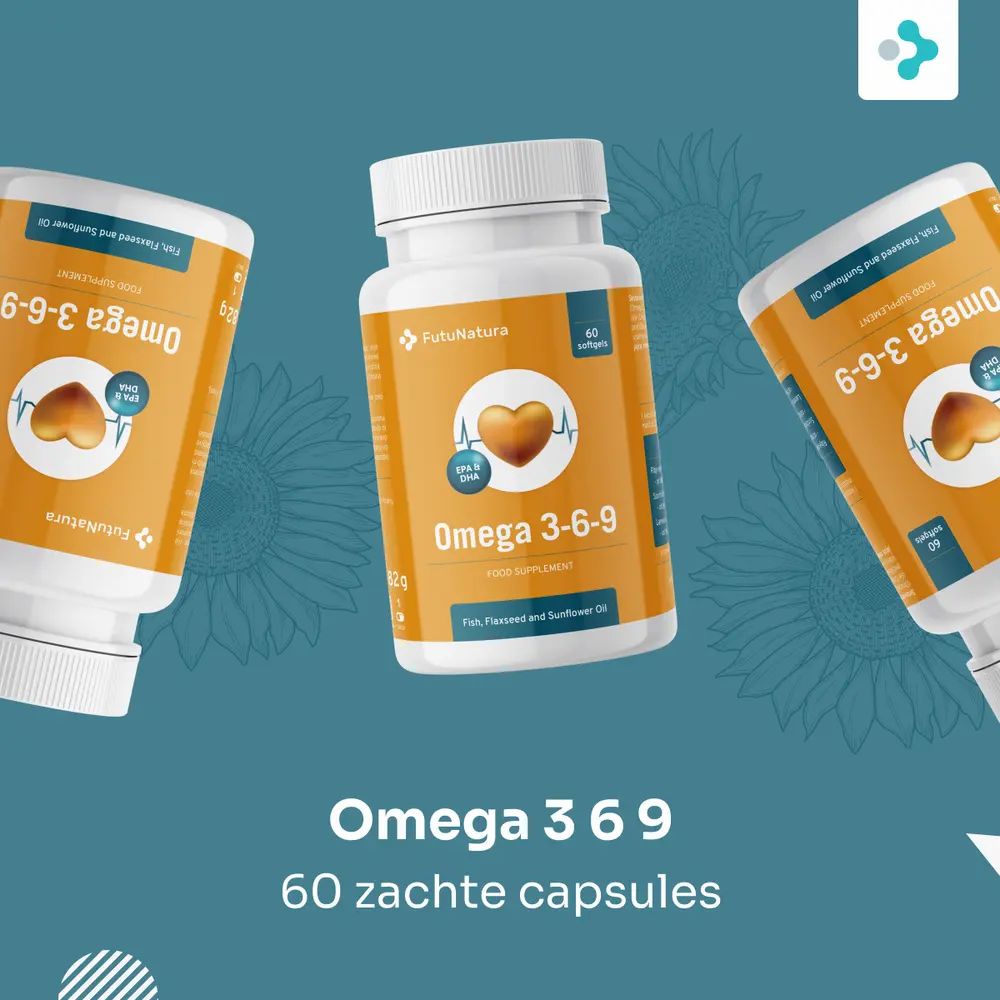 Drie flessen Omega 3-6-9. Opschrift: Omega 3-6-9, 60 zachte capsules. Achtergrond: zonnebloemmotief.