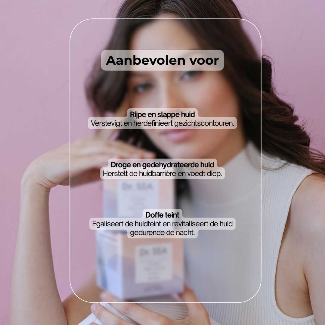 Vrouw met crèmepot. Tekst: Aanbevolen voor rijpe huid, droge huid, doffe teint. Op de pot: Dr. SEA Collagen Lifting Night Cream.