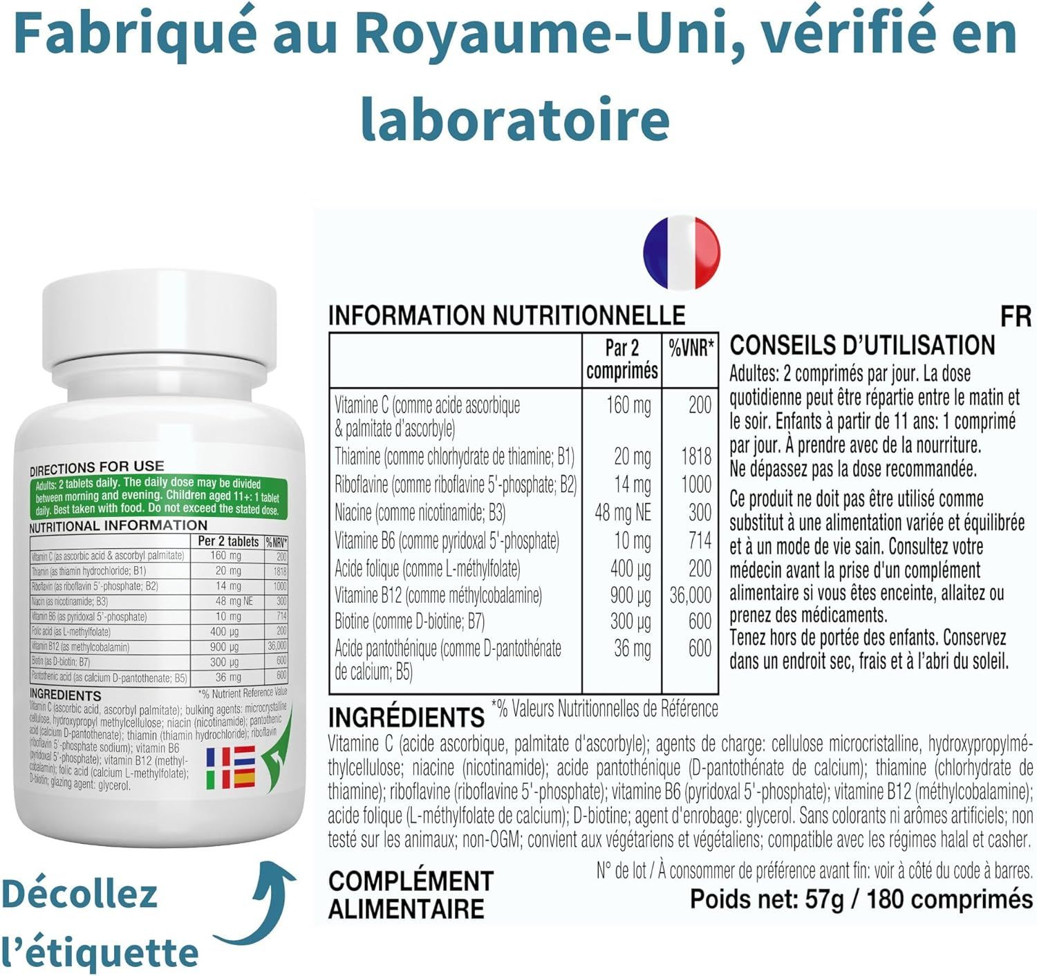 Flacon Igennus Super B-Komplex de 60 comprimés, avec graphiques.