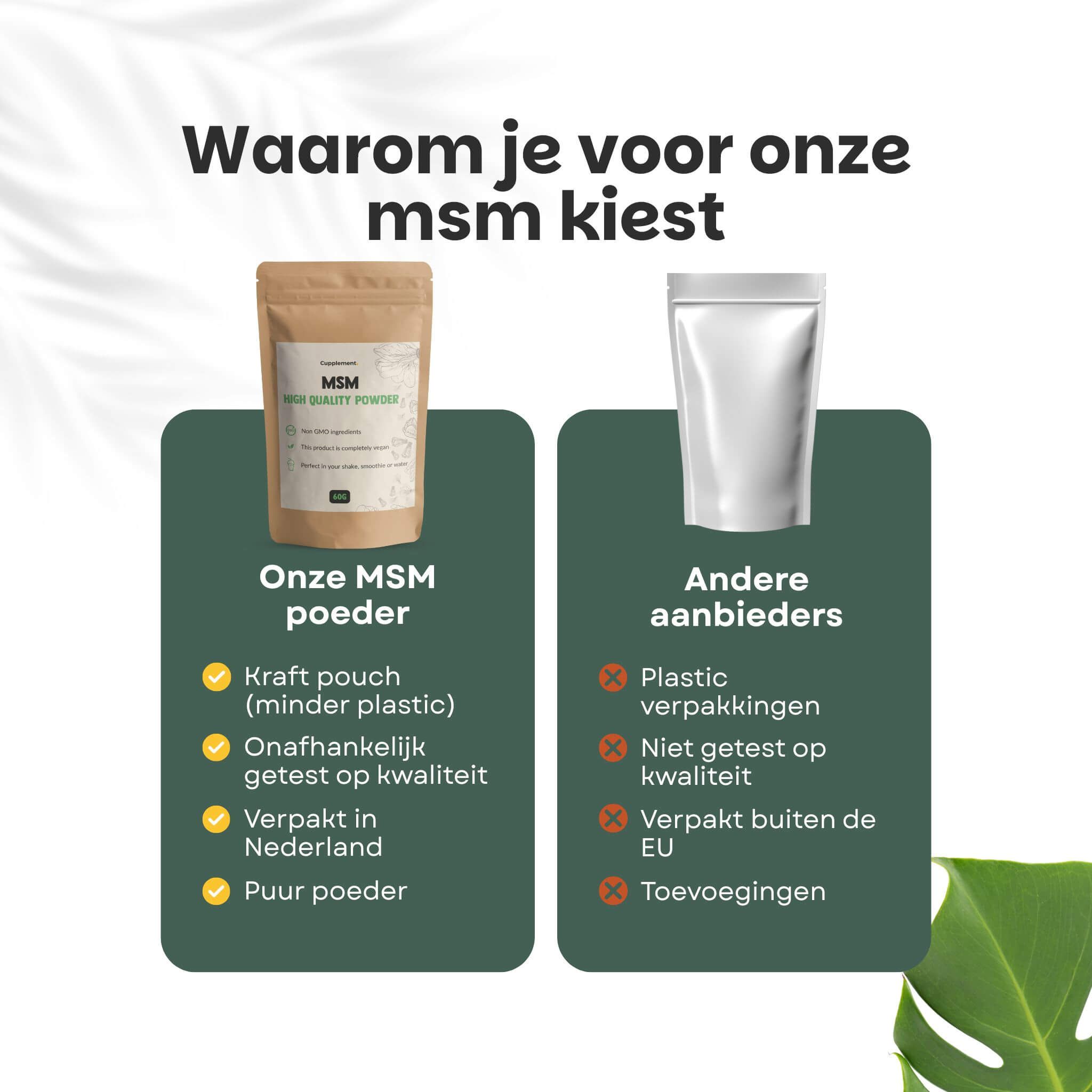 Vergelijking van MSM-poeder in kraftzak en plastic verpakking. Tekst: Zonder toevoegingen, verpakt in Nederland.