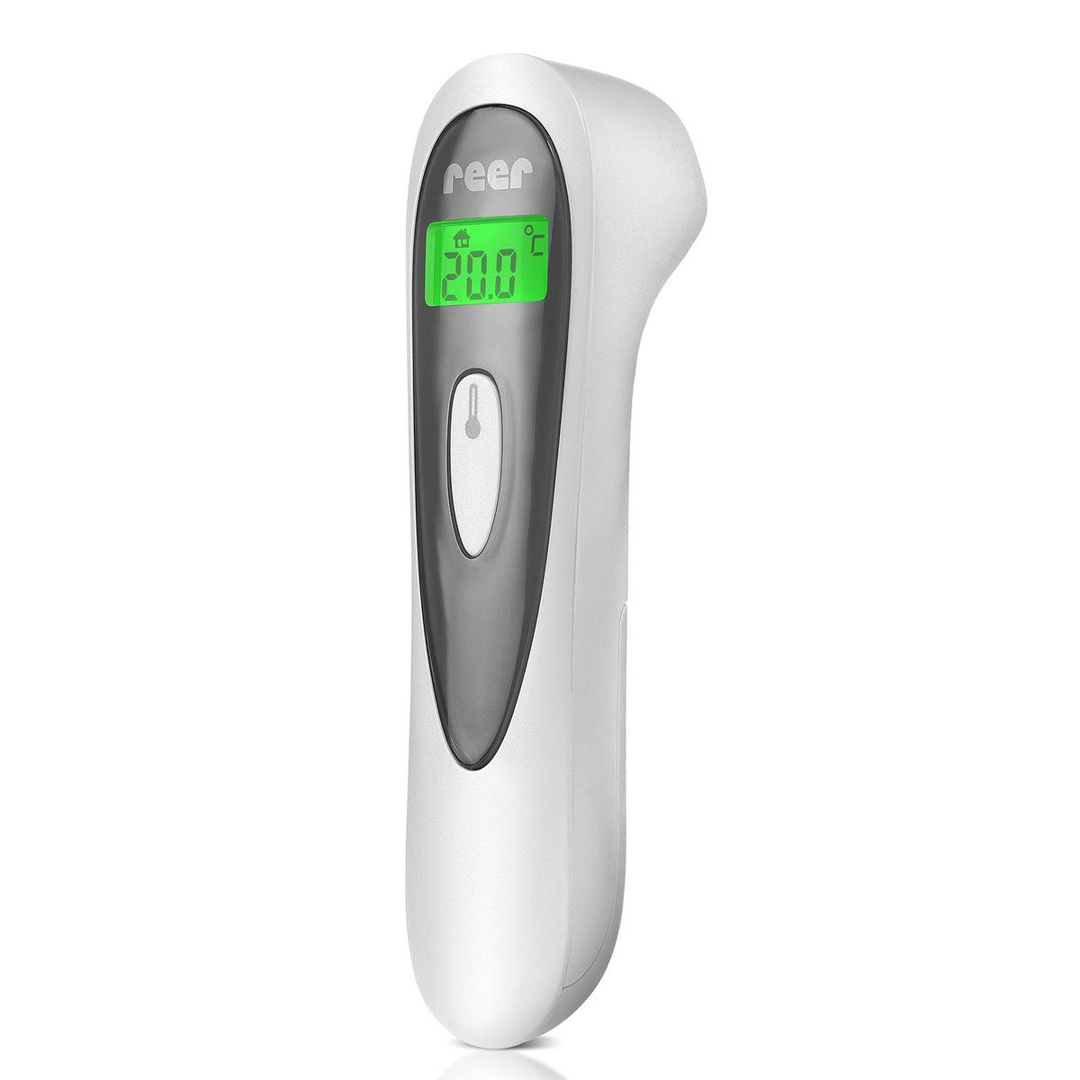 Thermomètre infrarouge sans contact blanc avec affichage numérique. Marque : reer. Affiche 20,0 °C.