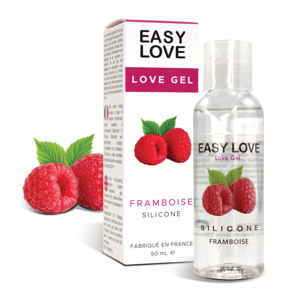 Easy Love Love Gel, fruitolie massageolie met frambozensmaak, flesje en doosje van 50ml.