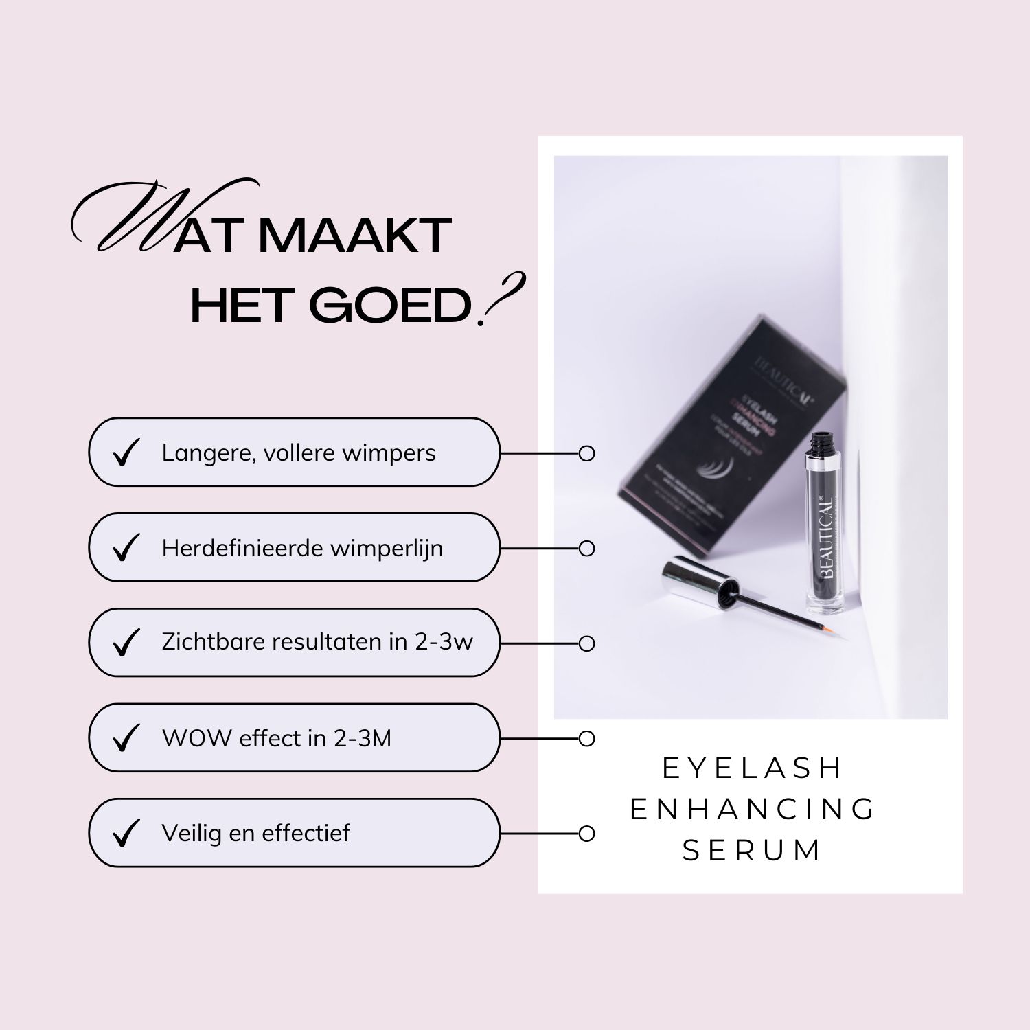 Oog met lange wimpers. Tekst: Perfect voor: langere, vollere wimpers.