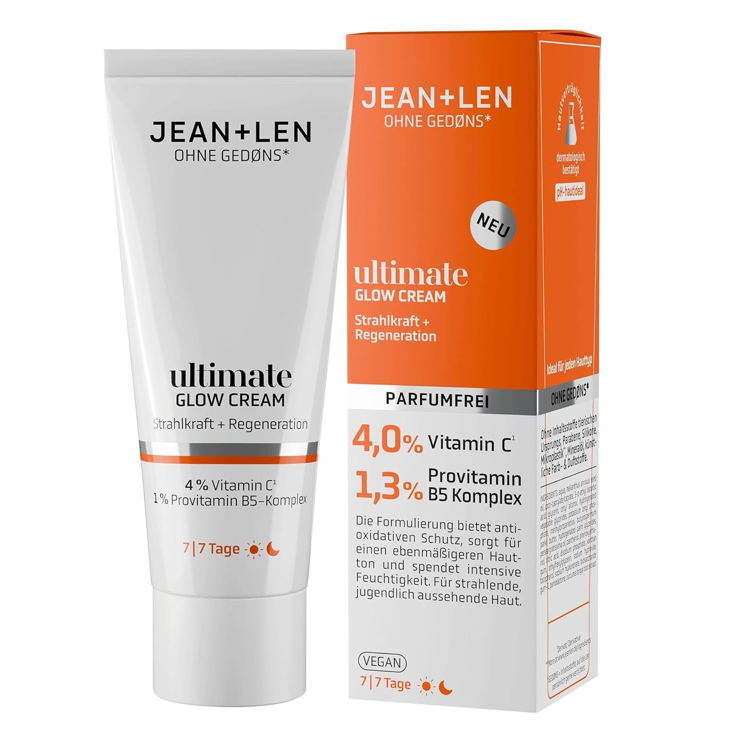 Emballage du produit. Tube blanc et boîte orange. Texte: Jean & Len Ultimate Glow Cream, 4,0% Vitamine C, 1,3% B5 Complexe.