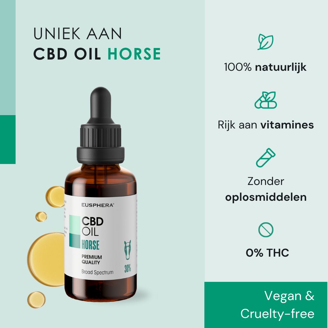Bruine glazen fles met druppelaar. CBD Oil Horse. 100% natuurlijk, rijk aan vitaminen, zonder oplosmiddelen.