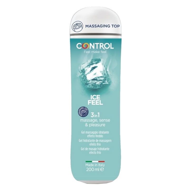 Flacon de gel de massage Control Ice Feel avec design cristal de glace et embout massant.