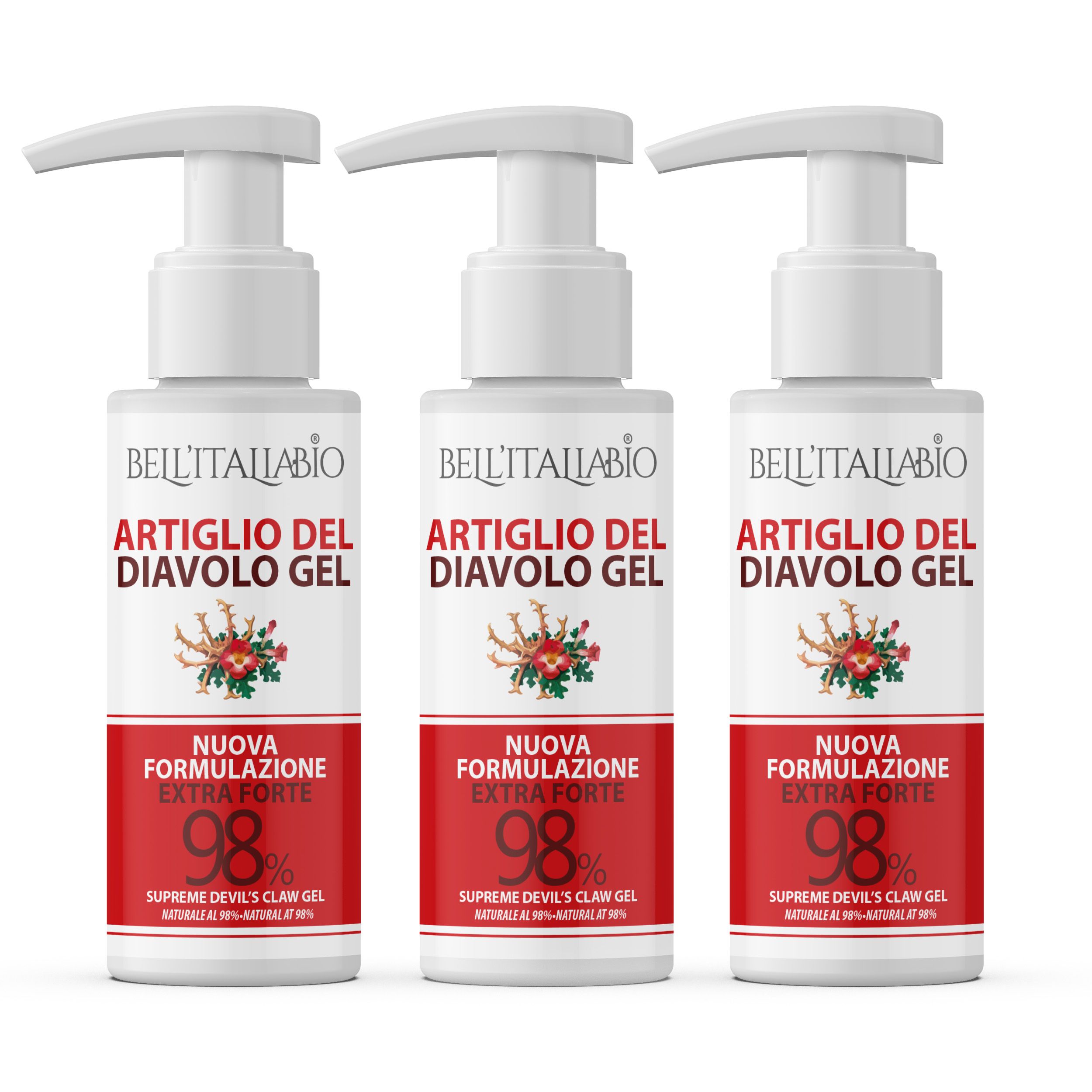 Drie witte flessen met pomp. Rode sticker met tekst: ARTIGLIO DEL DIAVOLO GEL, 98%. Merk: Bell'Italiabio.