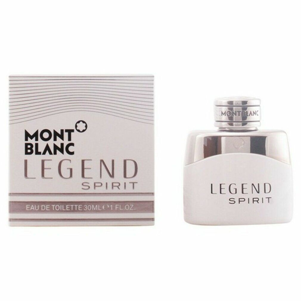 Flacon blanc et emballage. Inscription: MONTBLANC LEGEND SPIRIT. Eau de Toilette. Flacon: carré.