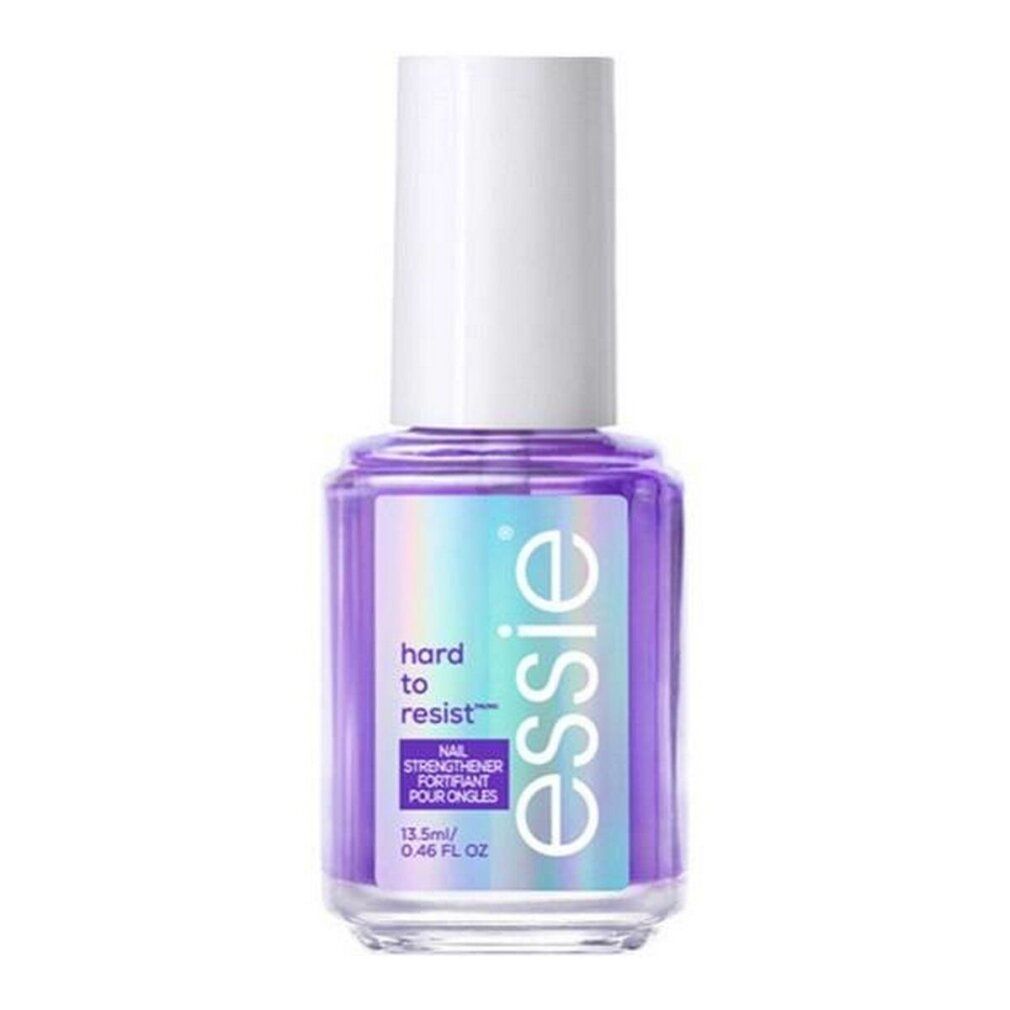 Essie Hard to Resist. Flacon avec liquide violet, bouchon blanc et étiquette holographique. Nom et marque visibles.