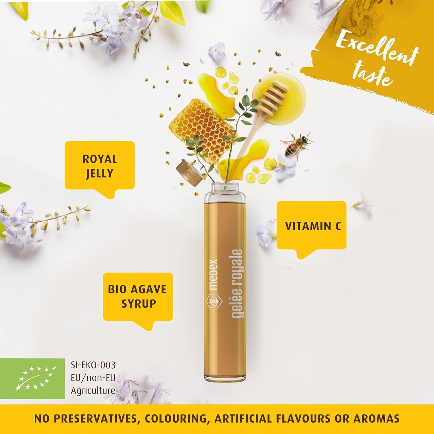 Ampoule Medex Gelée Royale avec ingrédients. Contient du sirop d'agave bio, de la gelée royale et de la vitamine C. Avec label bio.