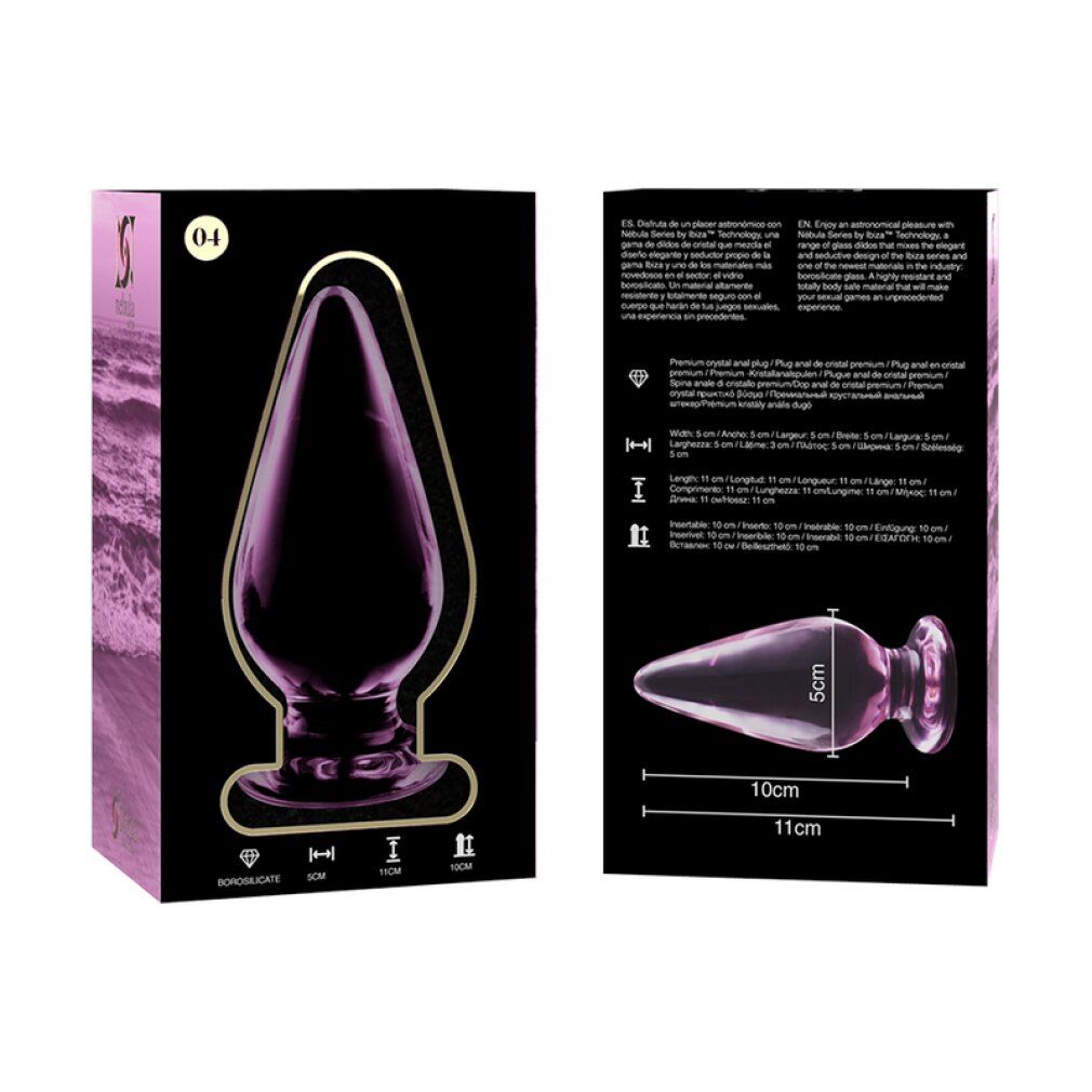Plug anal en verre rose avec base large, 11 cm de long, 5 cm de large.