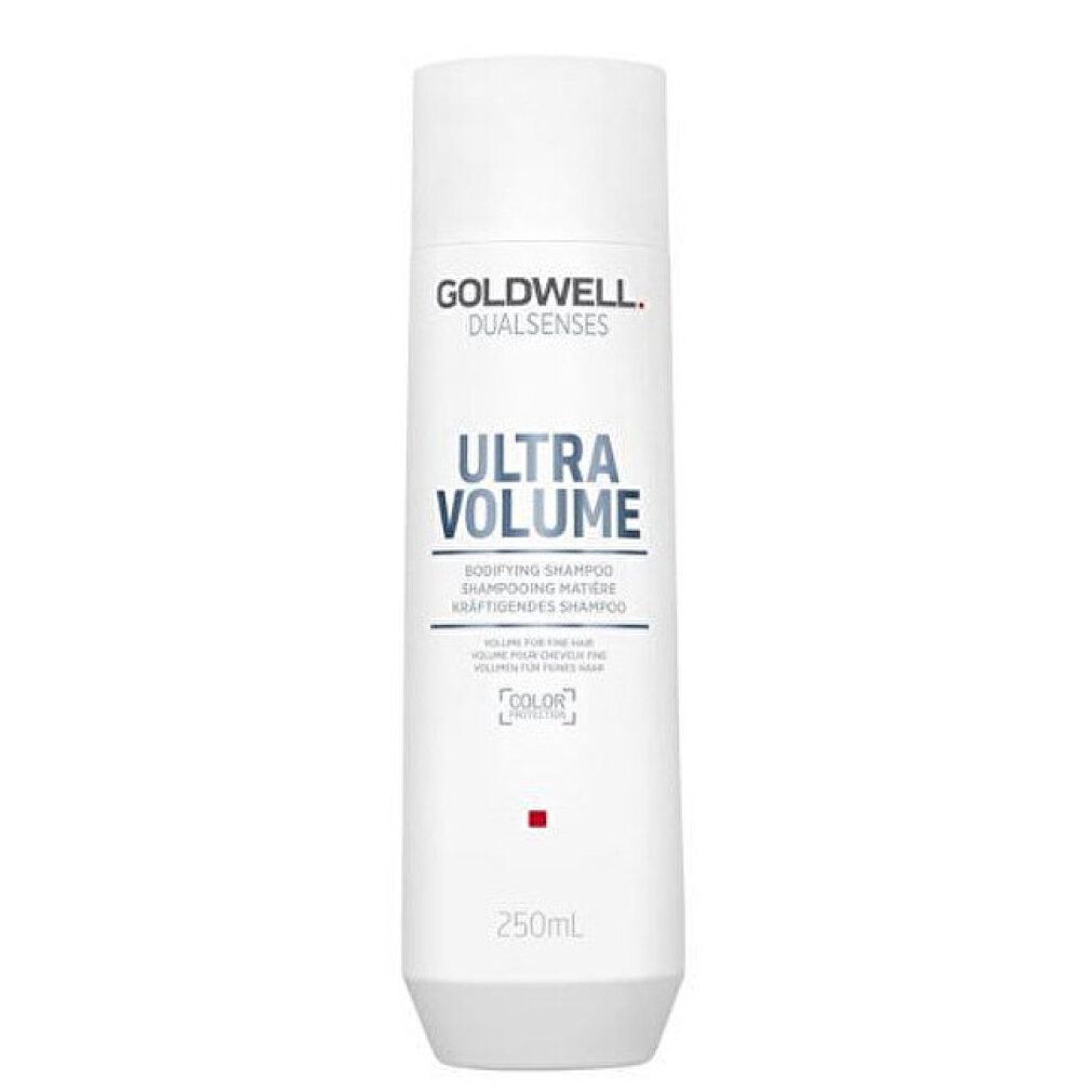 Flacon de shampooing blanc avec logo Goldwell et texte « Ultra Volume ». 250ml. Shampooing volumateur.