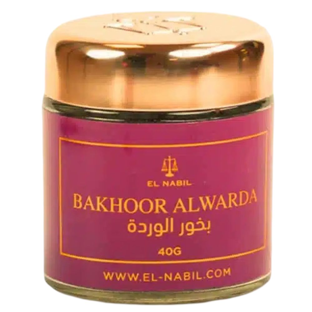 Pot rond avec couvercle doré. L'étiquette violette porte l'inscription "Bakhoor Al Warda" et "El Nabil".