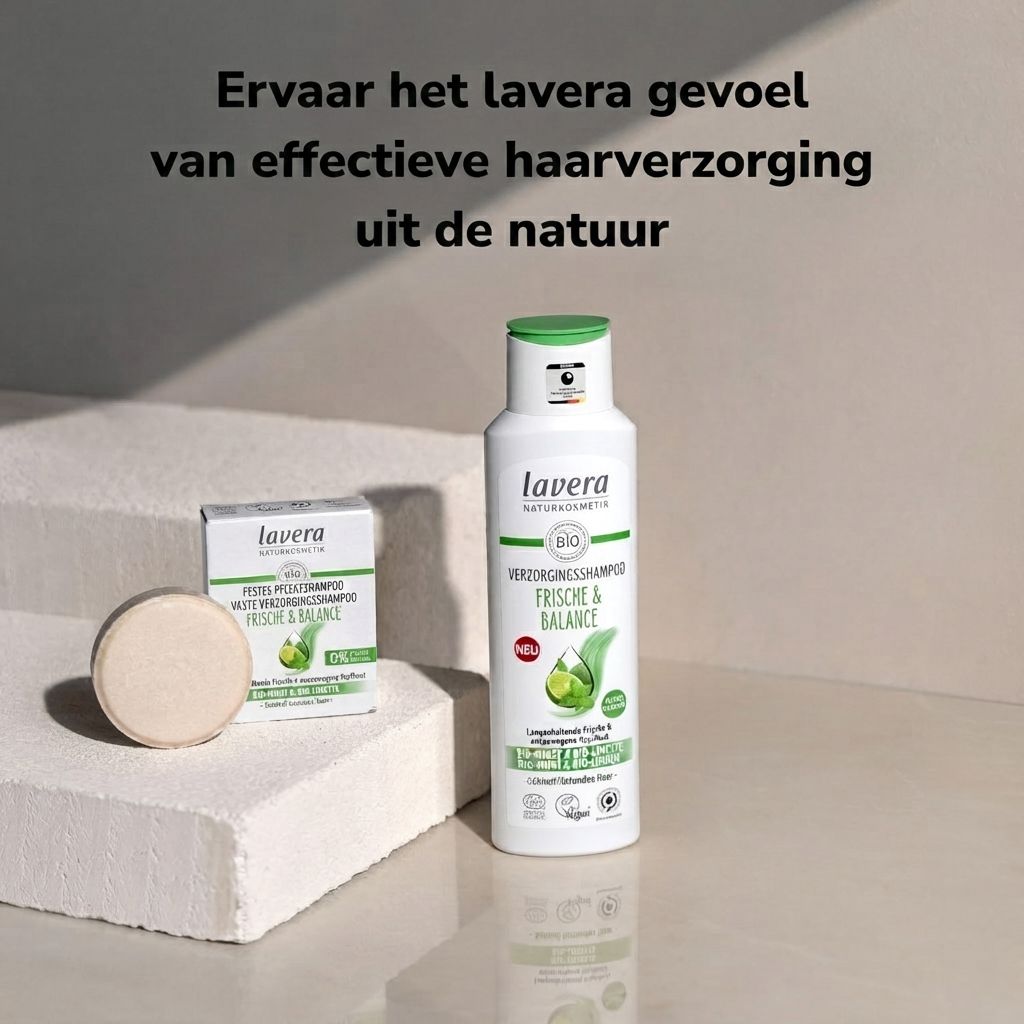 Fles Lavera Frische & Balance shampoo met aanduidingen voor biologische munt en biologische limoen. Tekst in Duits en Frans.