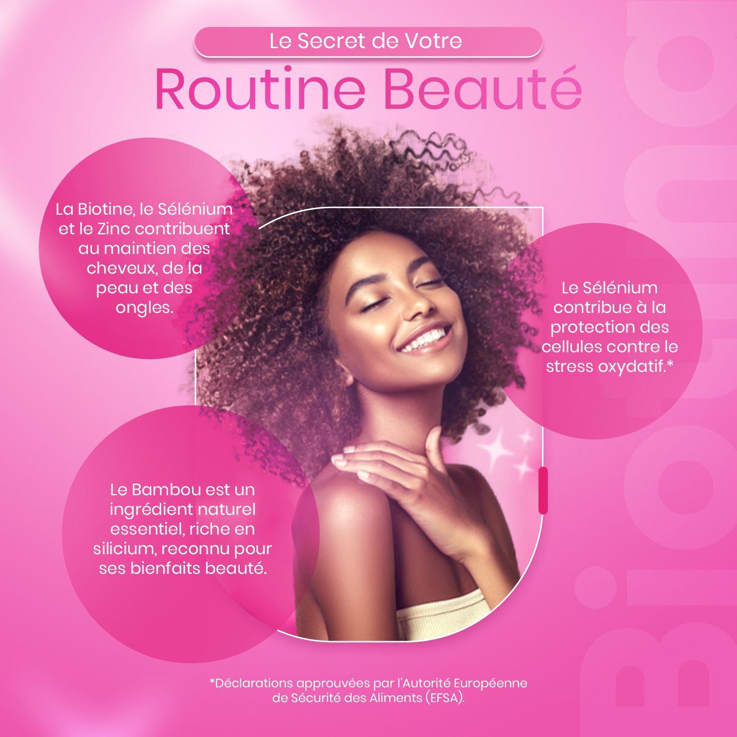 Vrouw met krullend haar. Tekst: Biotine, Selenium, Zink, Bamboe. Tekst: Huid, haar, nagels. Selenium beschermt cellen.