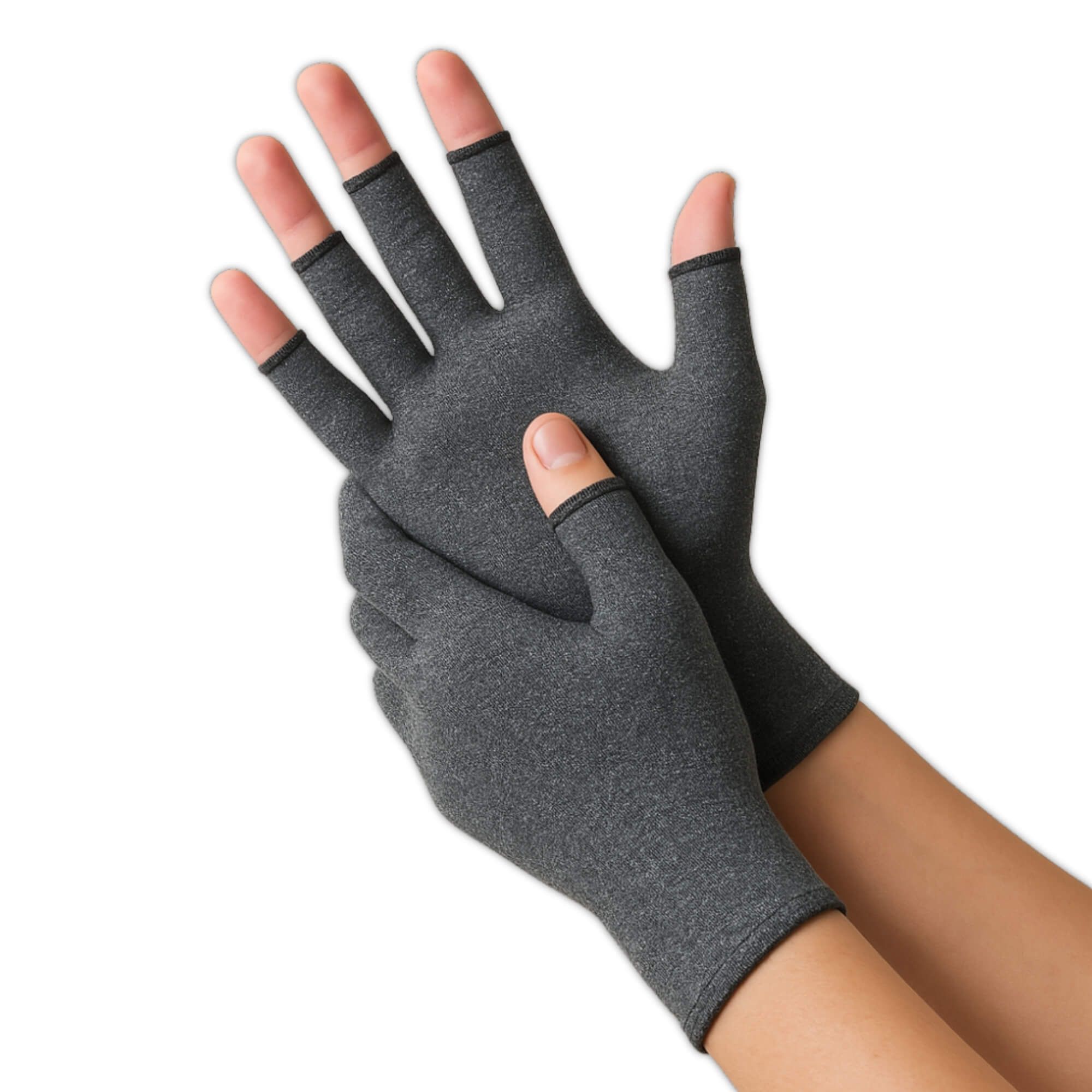 Gants de compression gris sans bout des doigts, portés sur des mains.