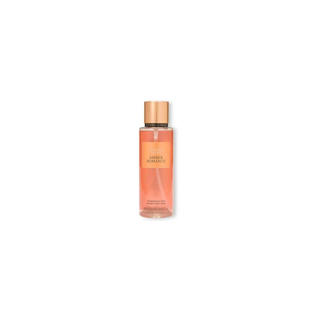 Body spray met sproeikop. Opschrift: Amber Romance. Fles met goudkleurige dop.