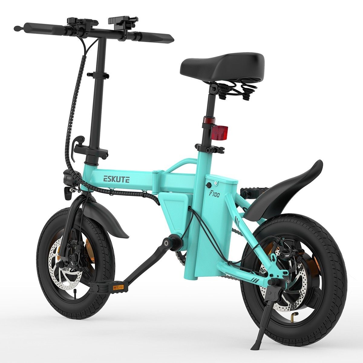 Vélo électrique pliable bleu clair. Détails noirs, logo ESKUTE. Feu arrière, garde-boue, béquille.