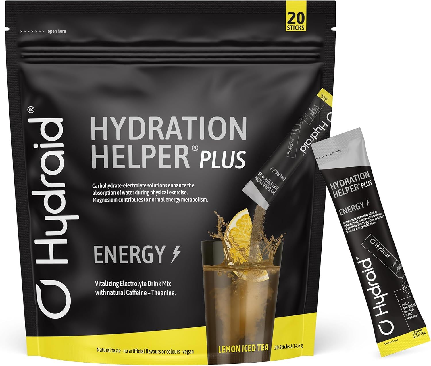 Zakjes en sticks met Hydraid PLUS ENERGY. Tekst: Hydration Helper PLUS. Vitalizing Electrolyte Drink Mix. Lemon Iced Tea. 20 sticks. Met citroen.