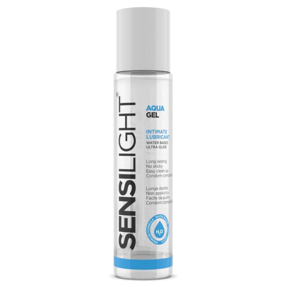 Flacon cylindrique avec bouchon blanc. Inscription : Sensilight, Aqua Gel, Intimate Lubricant, Water Based Ultra Glide.