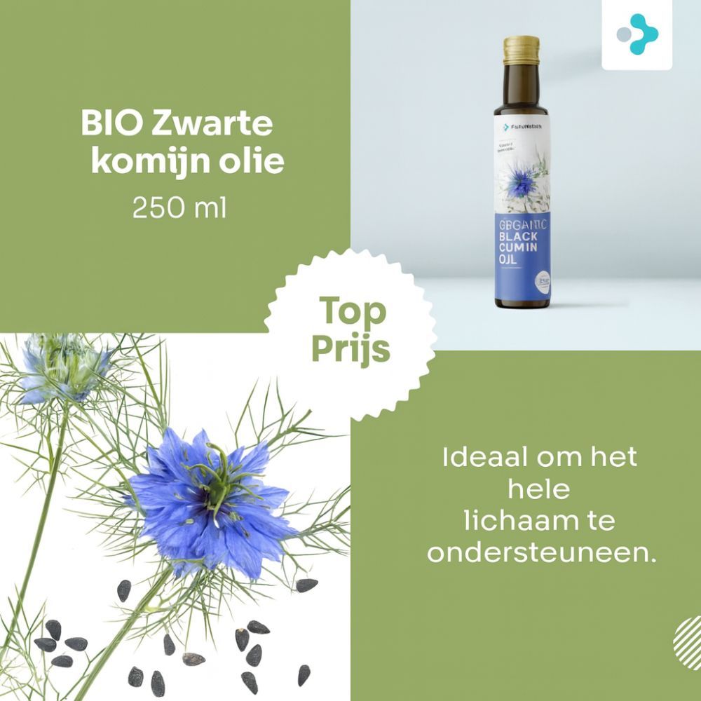 Fles met etiket en bloemmotief. Twee potplanten. BIO Zwarte komijn olie, 250 ml. Top Prijs.