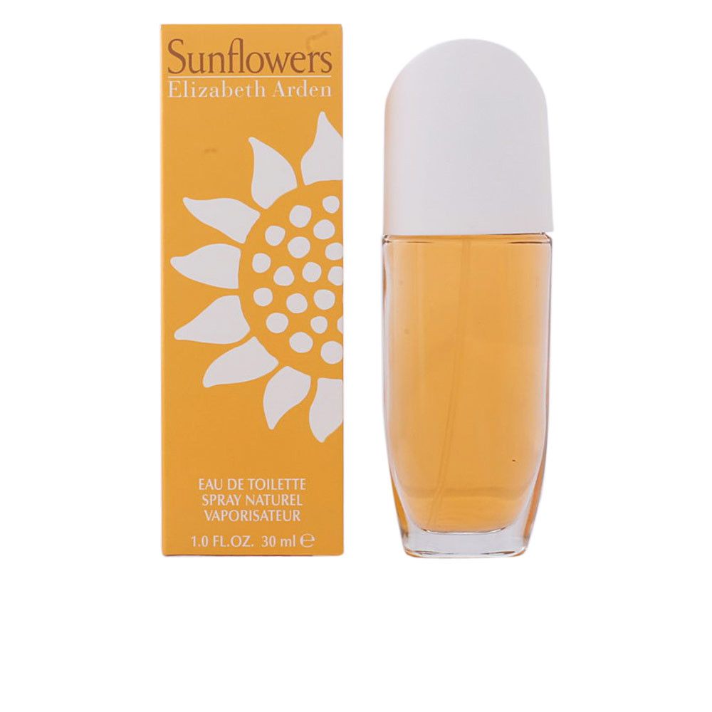 Flacon et boîte Elizabeth Arden Sunflowers. Liquide jaune dans flacon en verre avec bouchon blanc. Boîte jaune avec motif tournesol.
