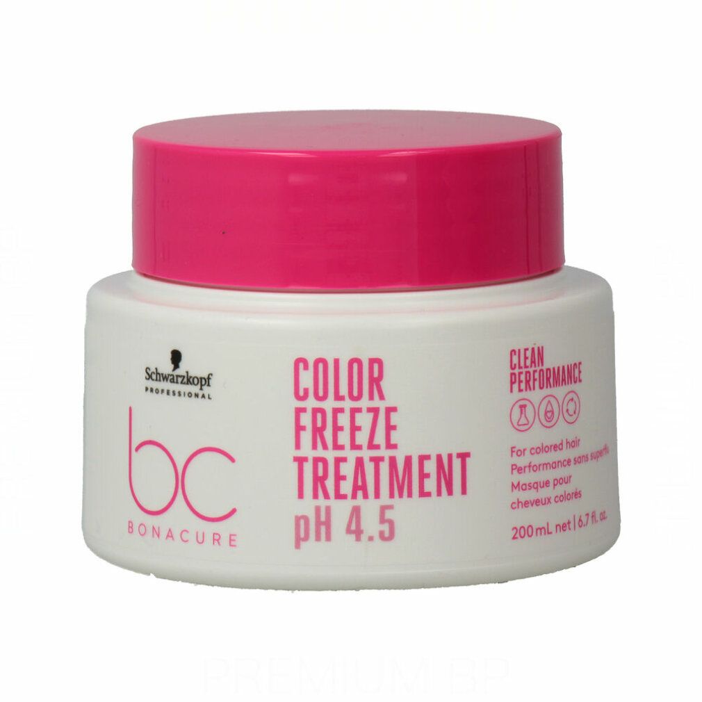 Pot blanc avec couvercle rose. Inscription : Color Freeze Treatment pH 4.5. Marque : Schwarzkopf BC Bonacure. Pour cheveux colorés.