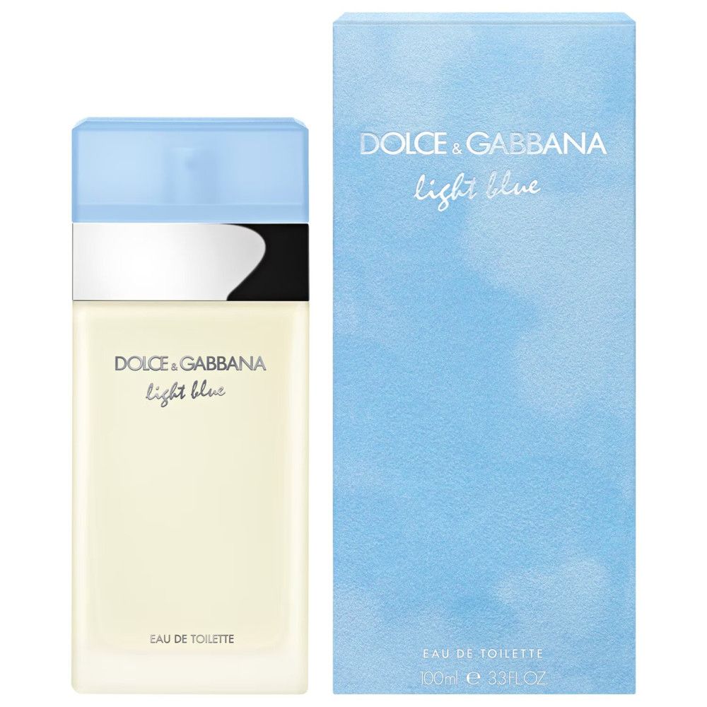 Dolce & Gabbana Light Blue E.d.T. Nat. Spray. Flacon et emballage. Flacon bleu clair avec bouchon bleu clair et bande argentée.