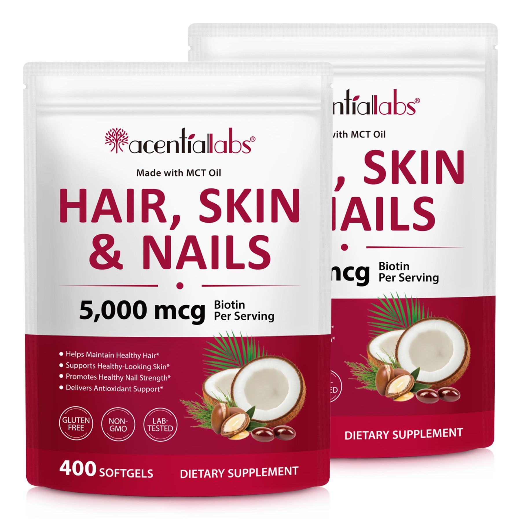 Deux paquets de compléments alimentaires Cheveux, Peau et Ongles avec 5 000 mcg de biotine par portion.