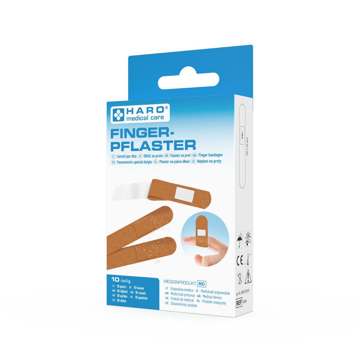 Verpakking met vingerpleisters. Bruine pleisters, deels zichtbaar. Blauwe verpakking met productnaam en logo.