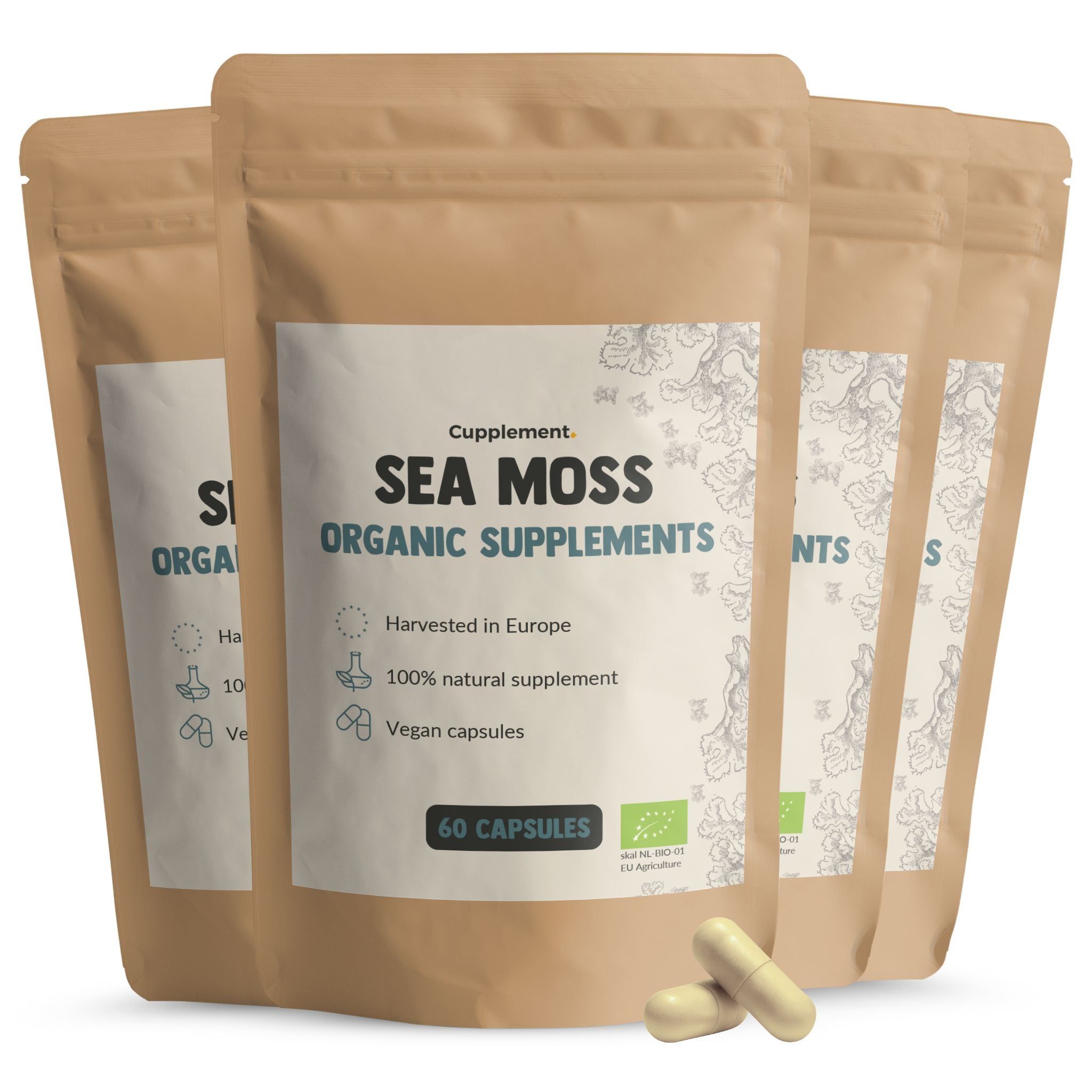 Meerdere zakjes Sea Moss Organic Supplements. Bruine papieren verpakking met witte etiketten en capsules.