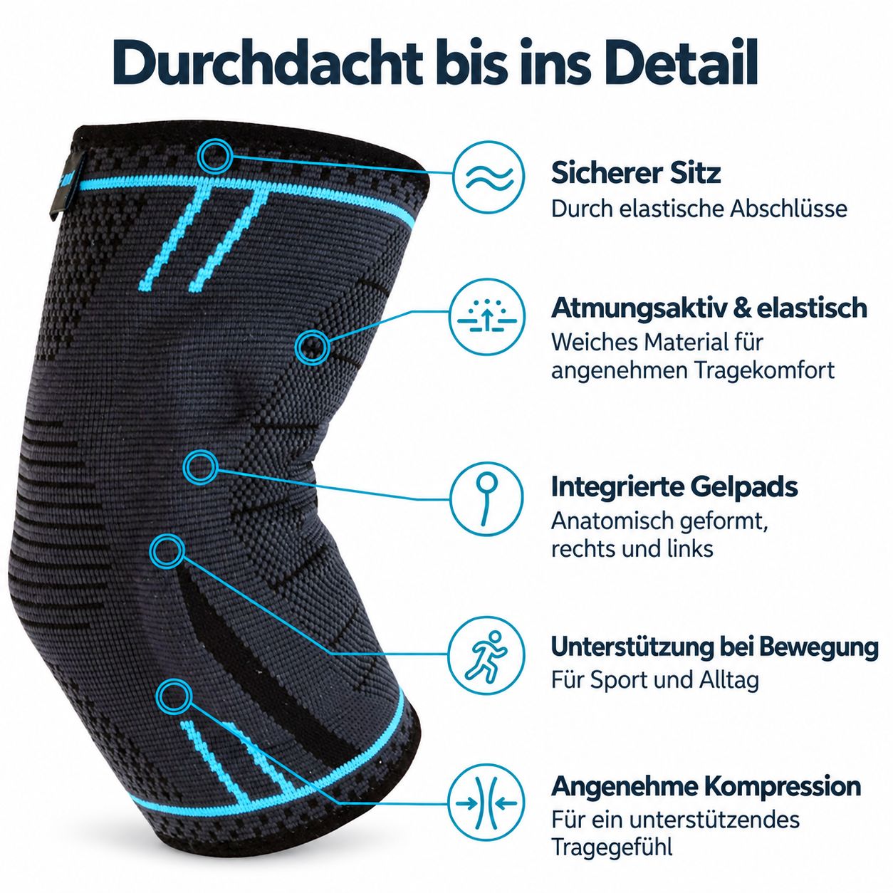 Bande élastique avec coussinets en gel et zones de compression pour le soutien du coude.
