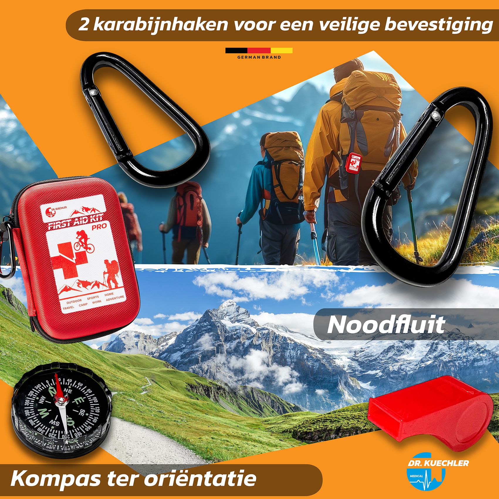 Rode EHBO-kit PRO met afmetingen: 17x12x7,5 cm, 350g. Met karabijnhaak en zwarte rits.