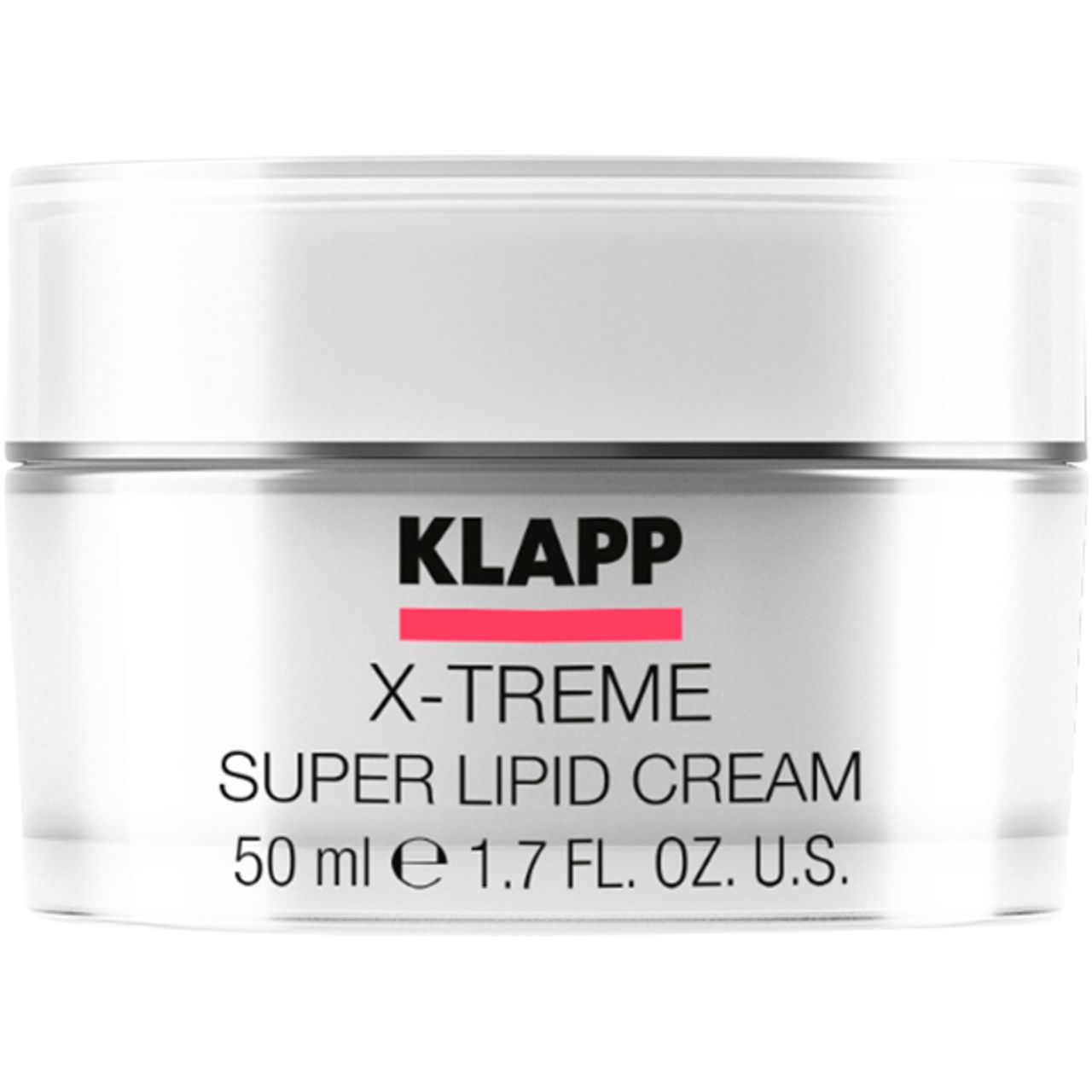 Crèmepot met witte deksel. Bevat "KLAPP", "X-Treme Super Lipid Cream". Inhoud: 50 ml.