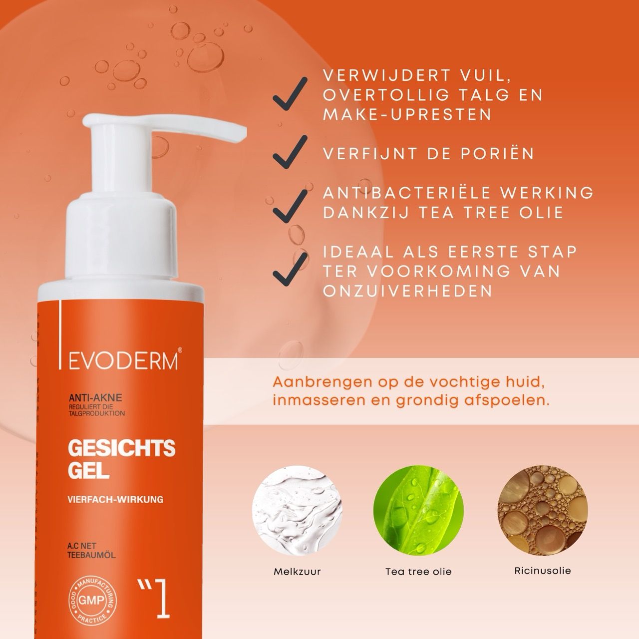Drie producten: gel, toner en serum. Vrouw op de achtergrond. Tekst: Anti-acne verzorgingslijn. Dermatologisch getest.