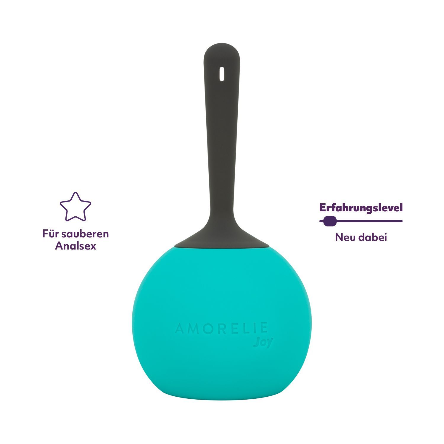 Objet rond turquoise avec manche gris. AMORELIE Joy est visible. Texte: Pour un sexe anal propre.