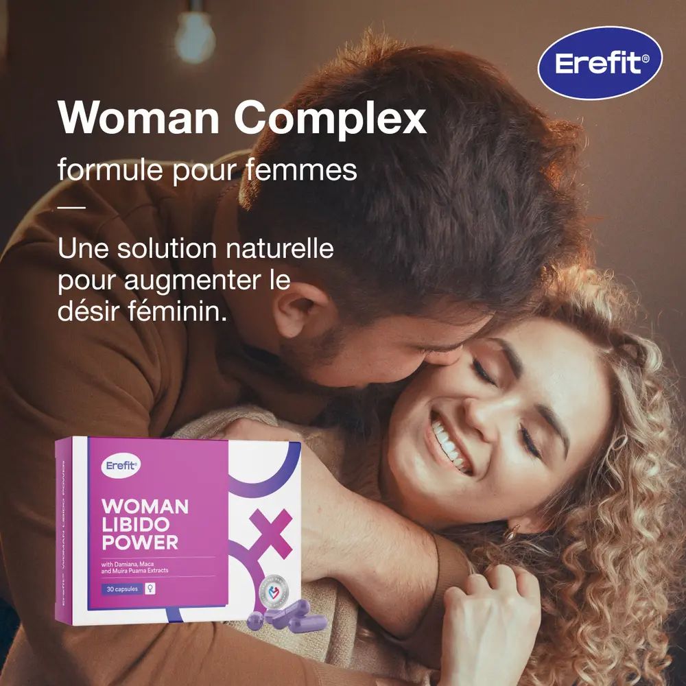 Couple s'embrassant. Boîte Woman Complex. Inscription: Woman Complex, formule pour femmes. Logo: Erefit.