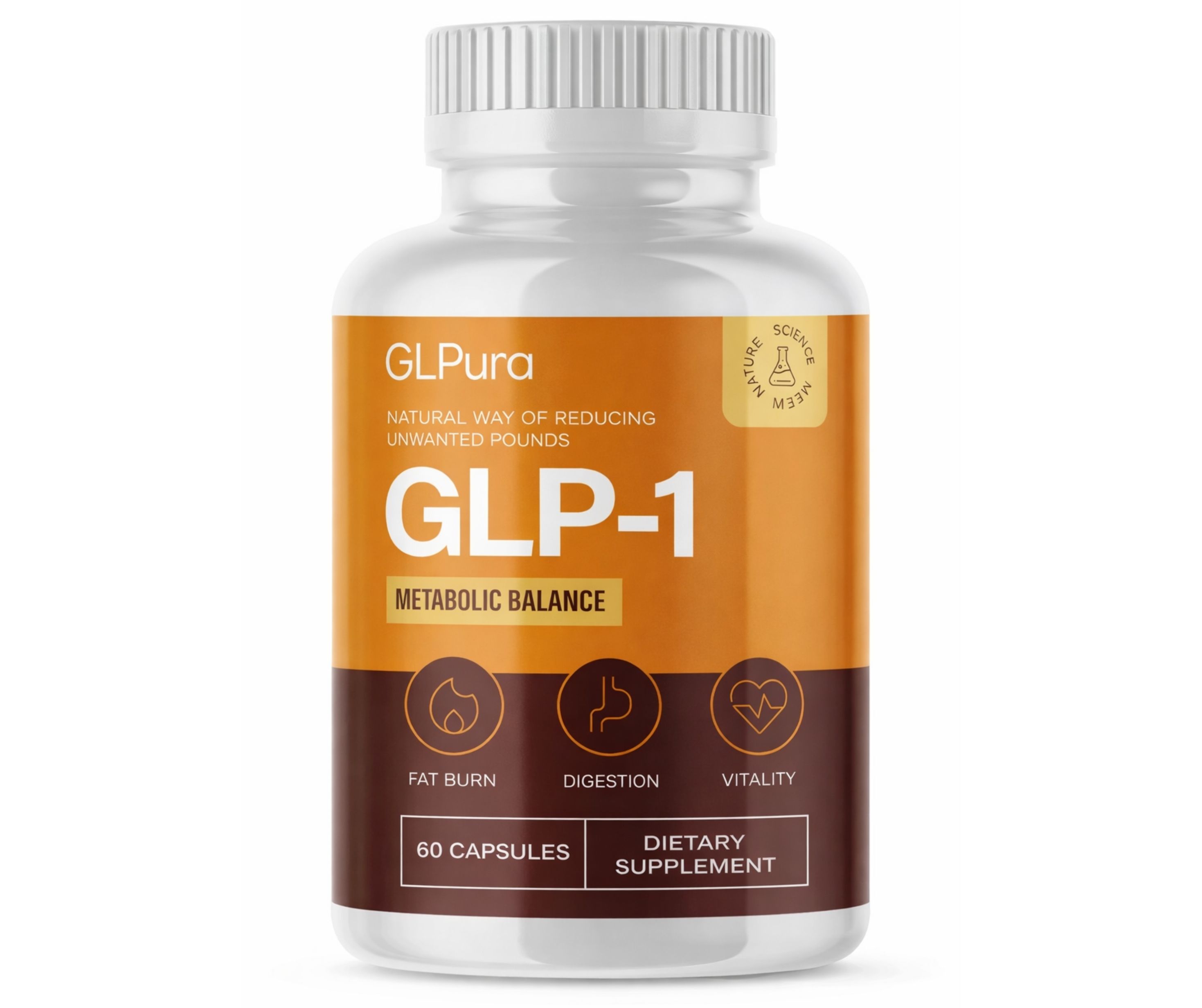 Witte fles met capsules. Opschrift GLPura, GLP-1, METABOLIC BALANCE. 60 capsules. Voedingssupplement.