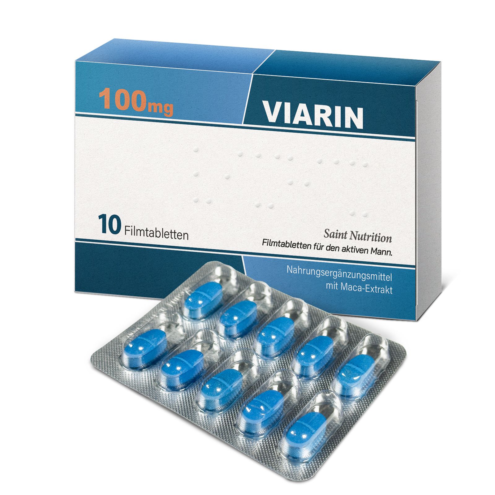 Boîte Viarin® avec 10 comprimés et plaquette. Comprimés bleus. Texte: 100mg, Saint Nutrition, pour l'homme actif.
