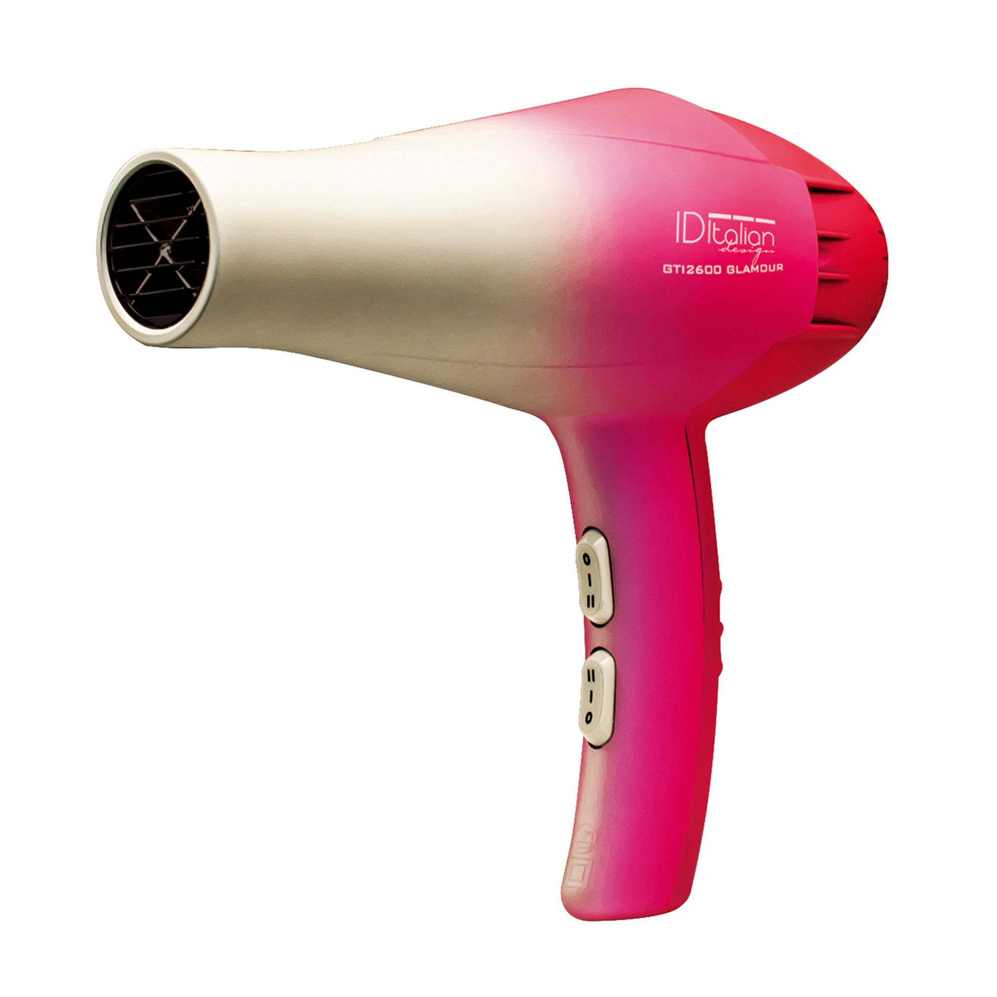 Vue latérale d'un sèche-cheveux rose et crème avec accent argenté et commandes.