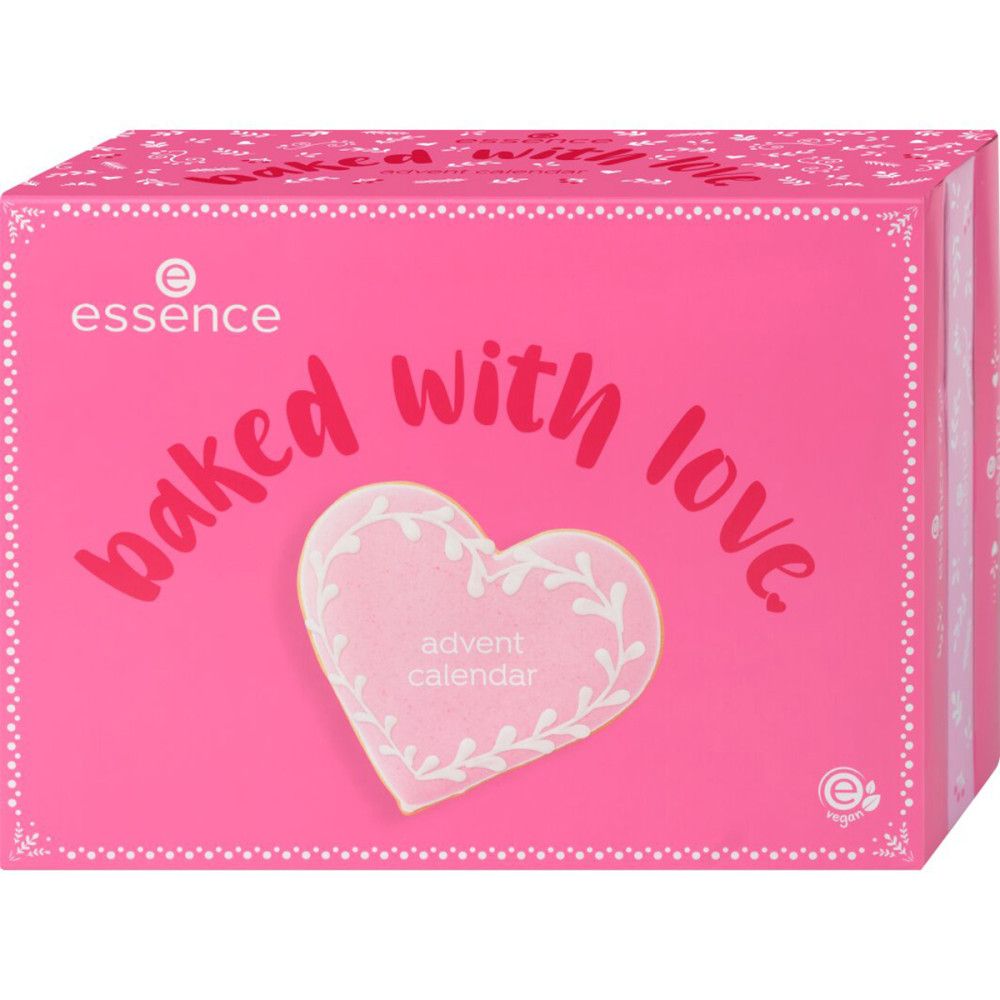 Calendrier de l'Avent Essence 2026 rose avec inscription "Baked With Love" et détail cœur.