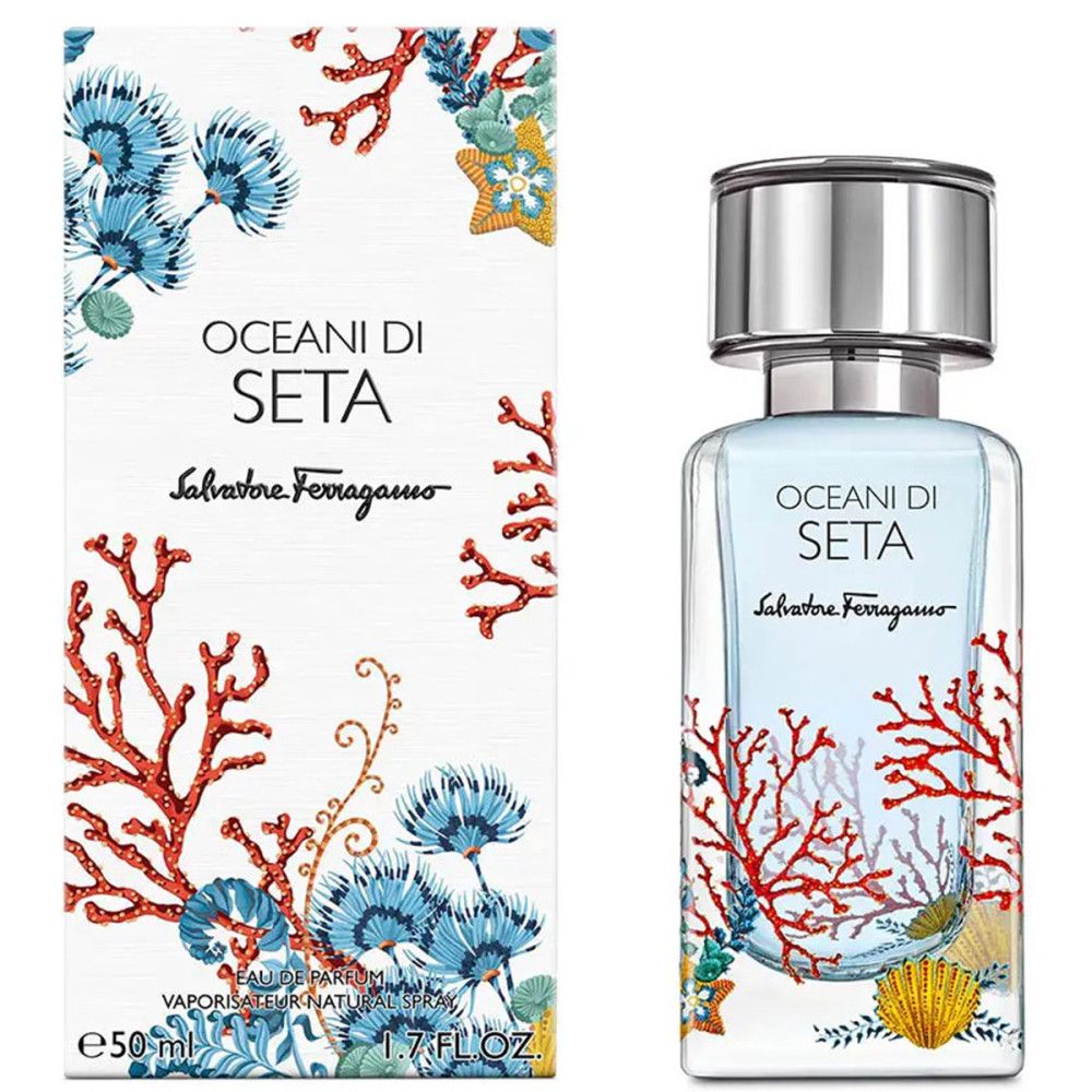 Flacon Salvatore Ferragamo Oceani di Seta Eau de Parfum avec motif corail et coquillage.