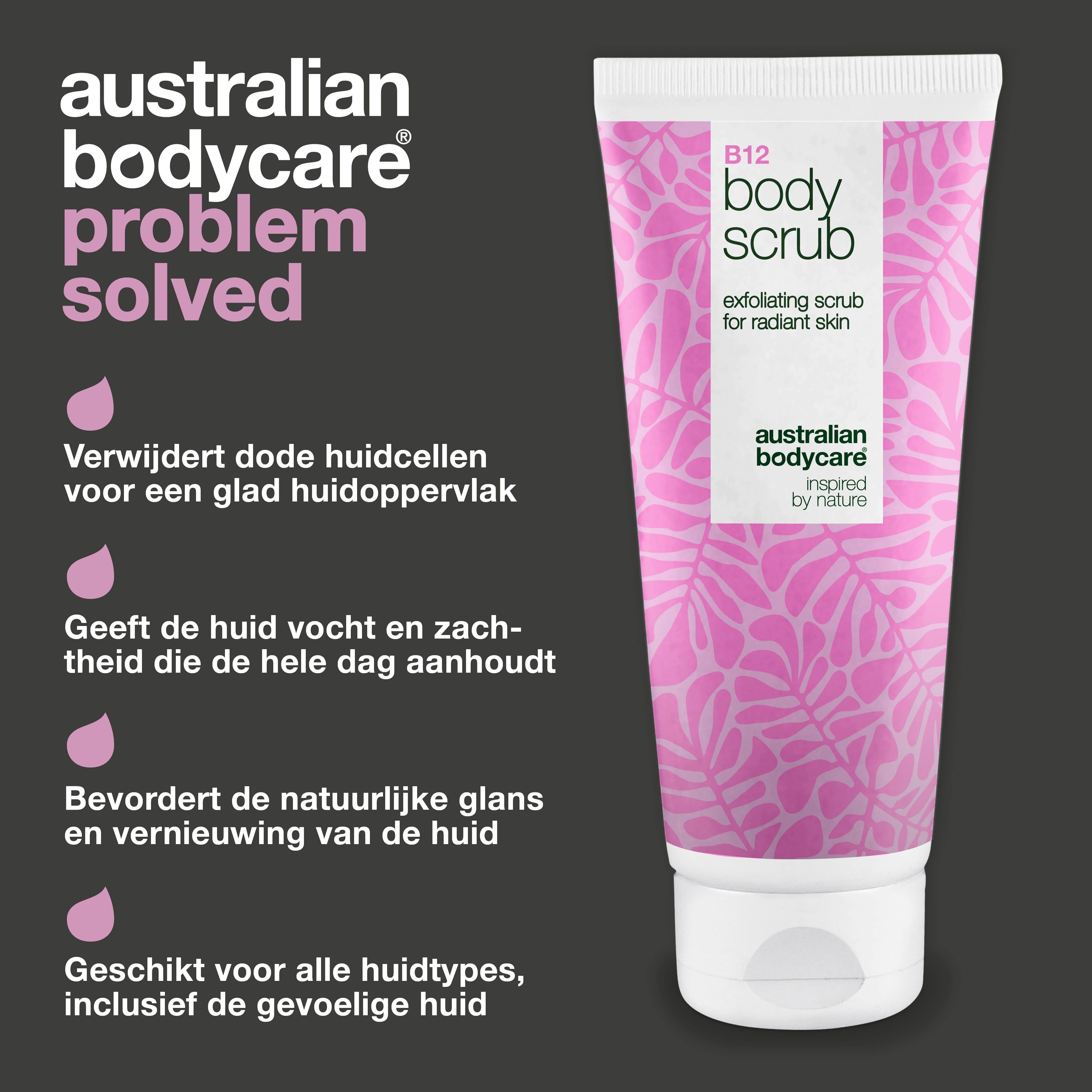 Tube B12 Body Scrub. Tekst: Verwijdert dode huidcellen, hydrateert, bevordert glans. Voor alle huidtypes.